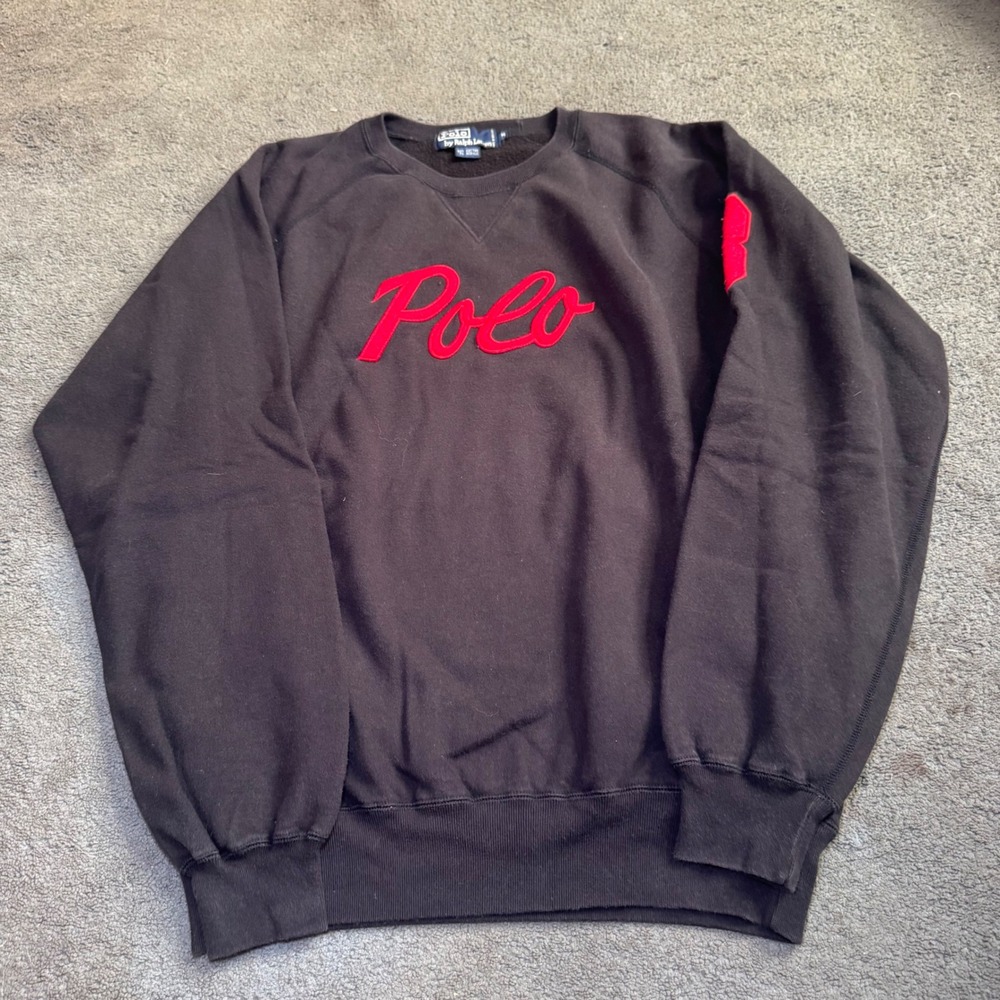 Vintage Polo Ralph Lauren Sweatshirt Black Red Script Logo Spellout Mens Medium
